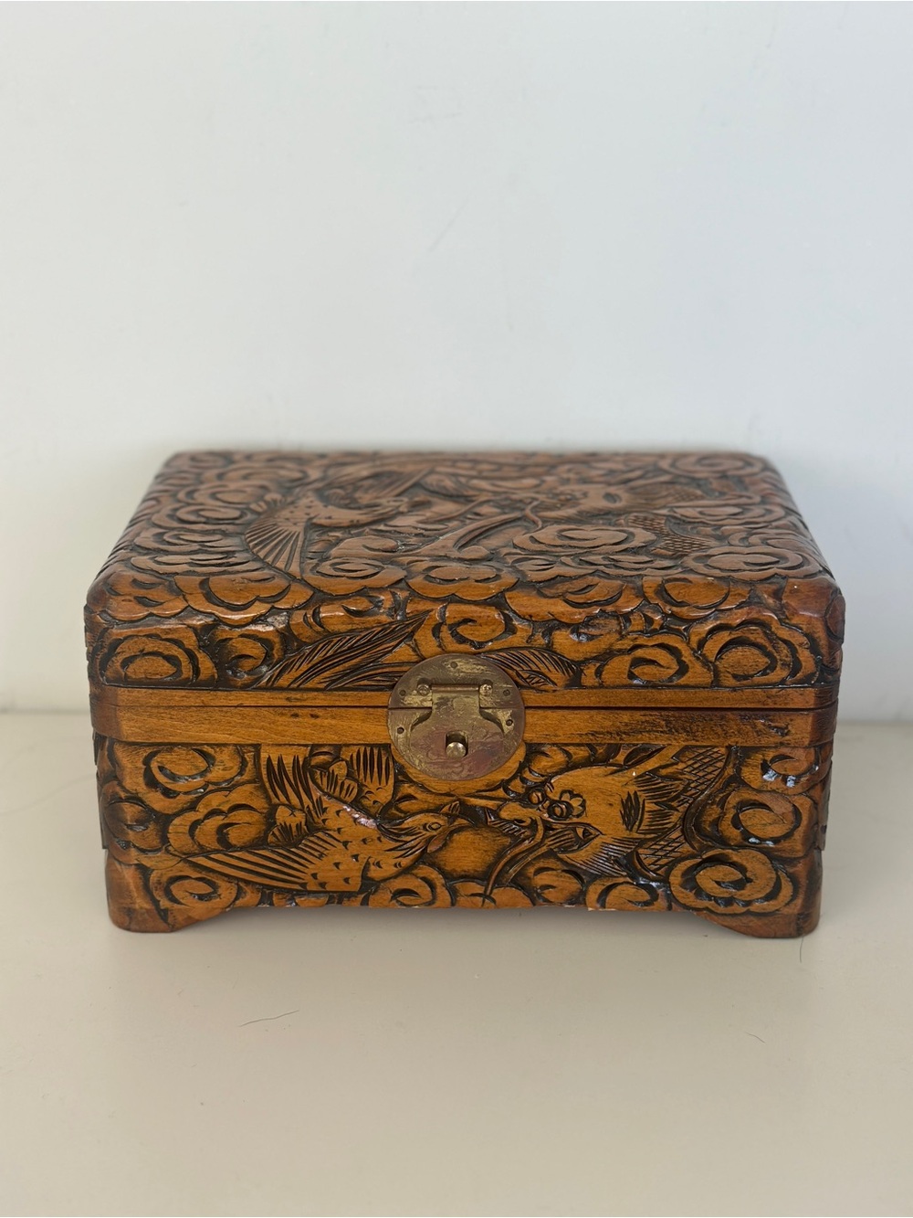 Vintage Chinese Hand-Carved Camphor Wood Jewelry Box - Phoenix & Ruyi Clouds